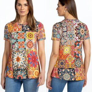 Johnny Was The Janie Favorite Short Sleeve Crew Neck Swing Tee Top L Colorful